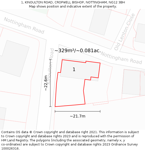 1, KINOULTON ROAD, CROPWELL BISHOP, NOTTINGHAM, NG12 3BH: Plot and title map