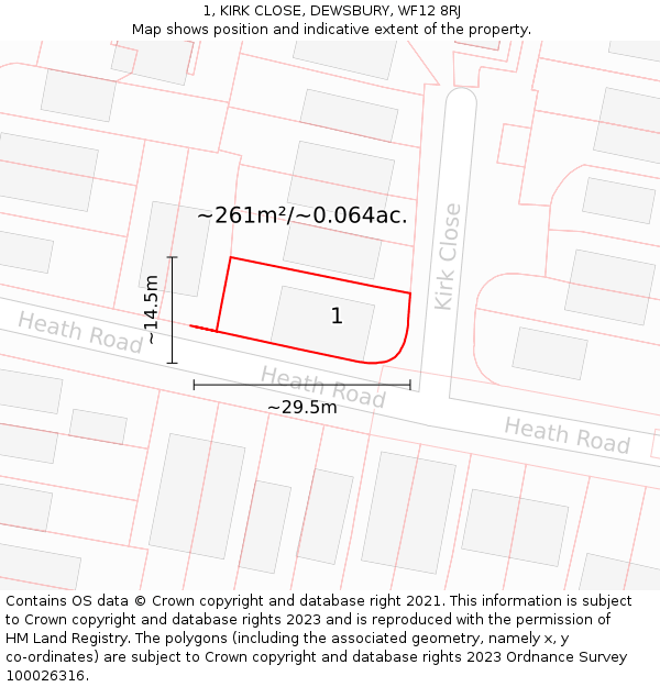 1, KIRK CLOSE, DEWSBURY, WF12 8RJ: Plot and title map