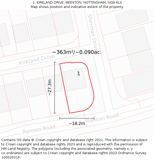 1, KIRKLAND DRIVE, BEESTON, NOTTINGHAM, NG9 6LX: Plot and title map