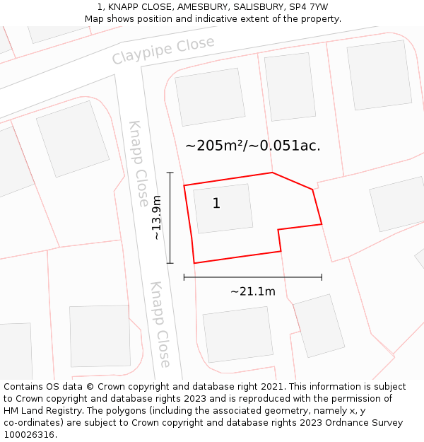 1, KNAPP CLOSE, AMESBURY, SALISBURY, SP4 7YW: Plot and title map