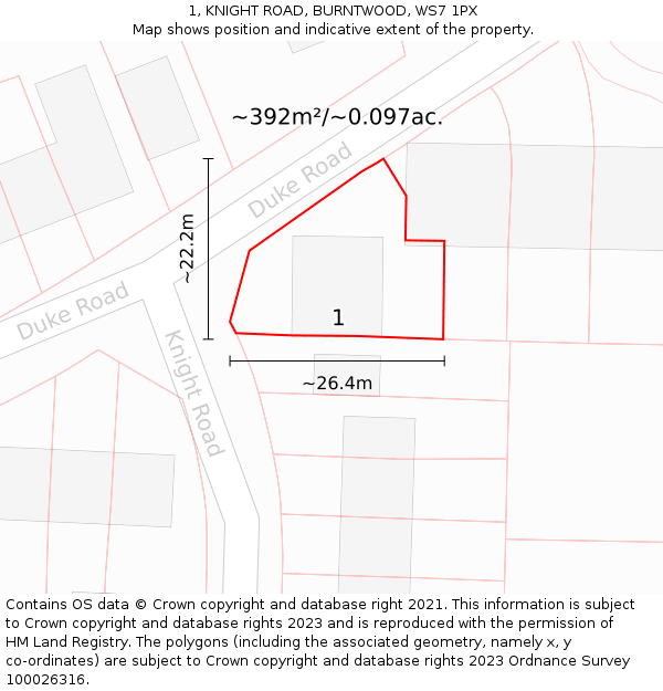 1, KNIGHT ROAD, BURNTWOOD, WS7 1PX: Plot and title map