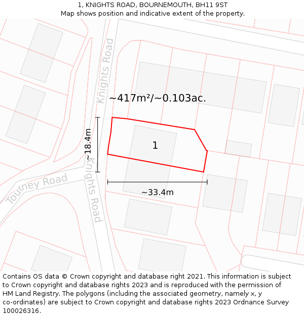 1, KNIGHTS ROAD, BOURNEMOUTH, BH11 9ST: Plot and title map