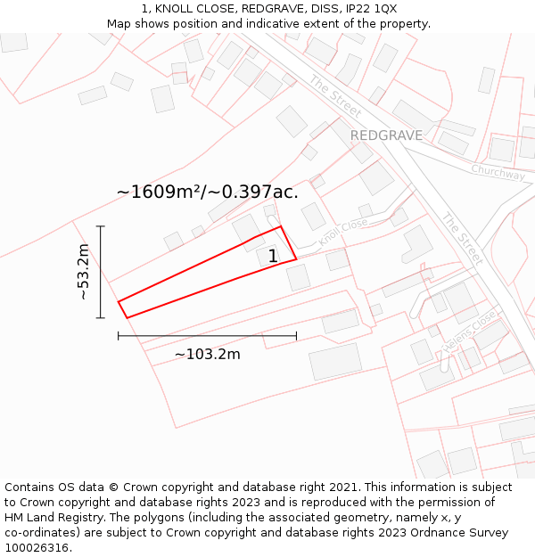 1, KNOLL CLOSE, REDGRAVE, DISS, IP22 1QX: Plot and title map