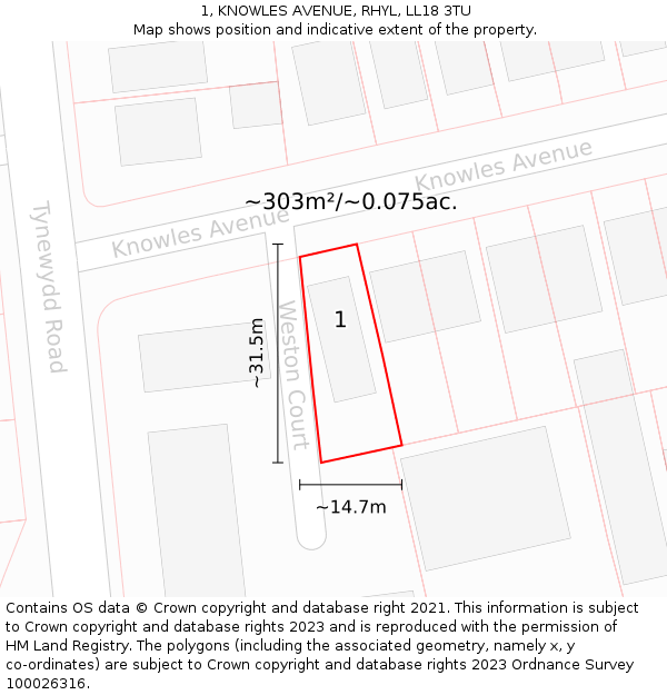 1, KNOWLES AVENUE, RHYL, LL18 3TU: Plot and title map