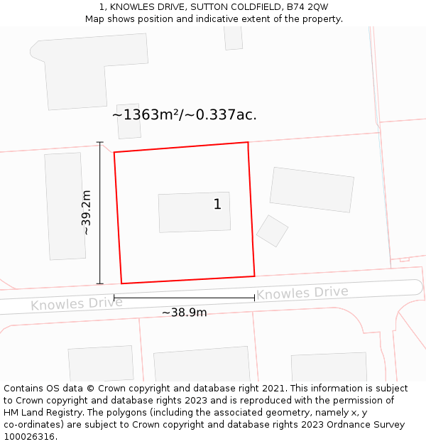 1, KNOWLES DRIVE, SUTTON COLDFIELD, B74 2QW: Plot and title map