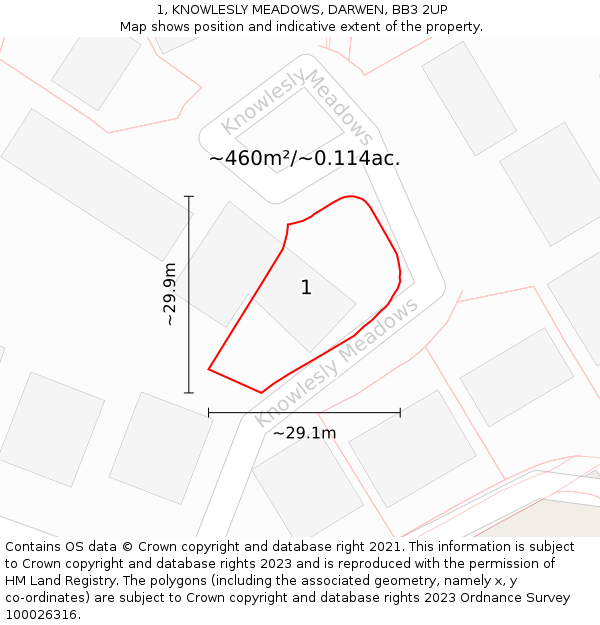 1, KNOWLESLY MEADOWS, DARWEN, BB3 2UP: Plot and title map