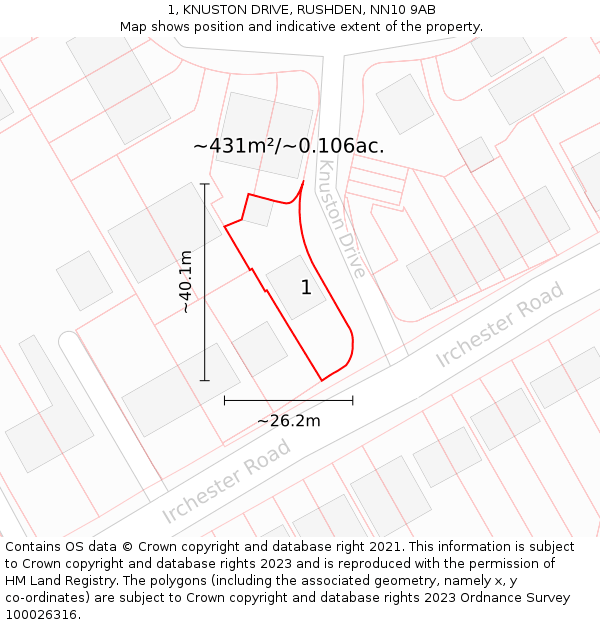 1, KNUSTON DRIVE, RUSHDEN, NN10 9AB: Plot and title map