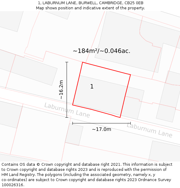 1, LABURNUM LANE, BURWELL, CAMBRIDGE, CB25 0EB: Plot and title map