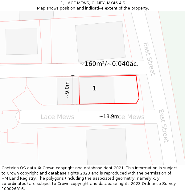 1, LACE MEWS, OLNEY, MK46 4JS: Plot and title map