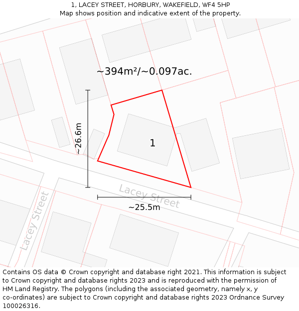 1, LACEY STREET, HORBURY, WAKEFIELD, WF4 5HP: Plot and title map