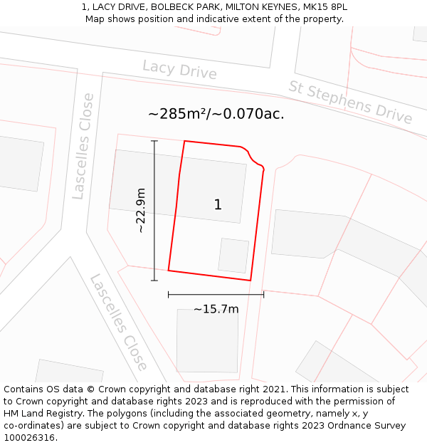 1, LACY DRIVE, BOLBECK PARK, MILTON KEYNES, MK15 8PL: Plot and title map