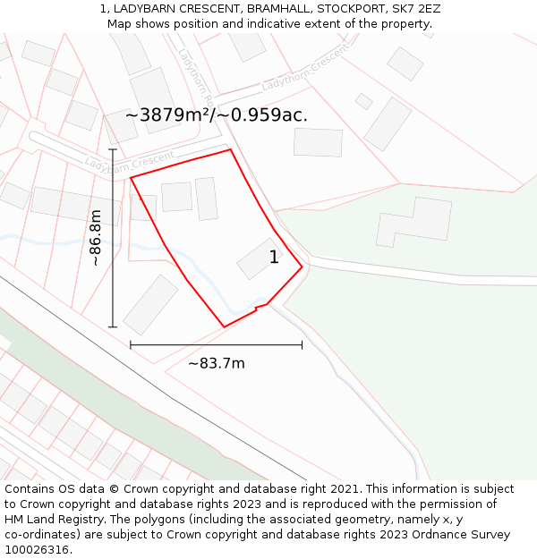 1, LADYBARN CRESCENT, BRAMHALL, STOCKPORT, SK7 2EZ: Plot and title map