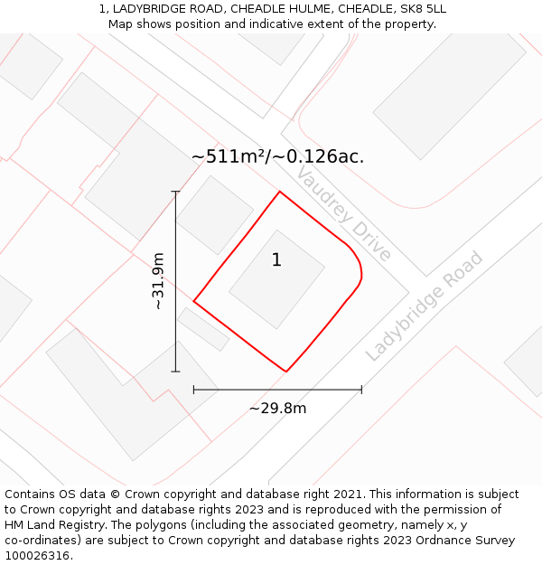 1, LADYBRIDGE ROAD, CHEADLE HULME, CHEADLE, SK8 5LL: Plot and title map