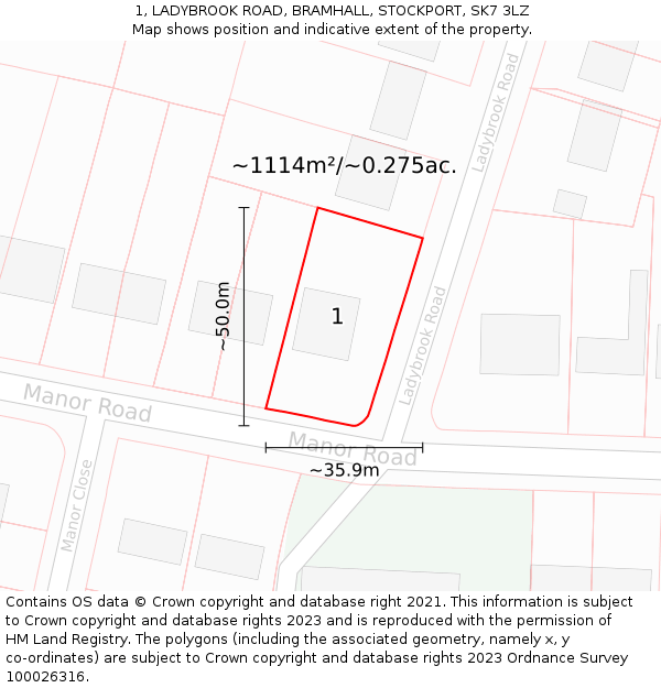 1, LADYBROOK ROAD, BRAMHALL, STOCKPORT, SK7 3LZ: Plot and title map
