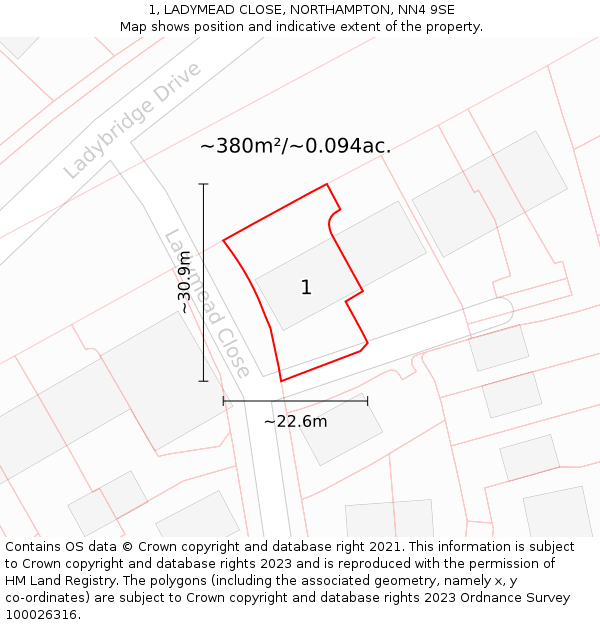 1, LADYMEAD CLOSE, NORTHAMPTON, NN4 9SE: Plot and title map