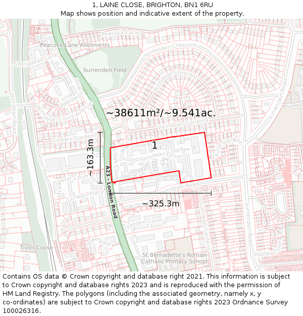 1, LAINE CLOSE, BRIGHTON, BN1 6RU: Plot and title map