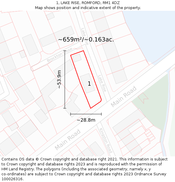 1, LAKE RISE, ROMFORD, RM1 4DZ: Plot and title map