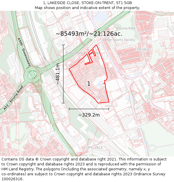 1, LAKESIDE CLOSE, STOKE-ON-TRENT, ST1 5GB: Plot and title map