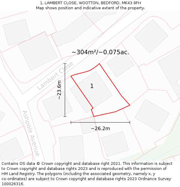 1, LAMBERT CLOSE, WOOTTON, BEDFORD, MK43 9FH: Plot and title map