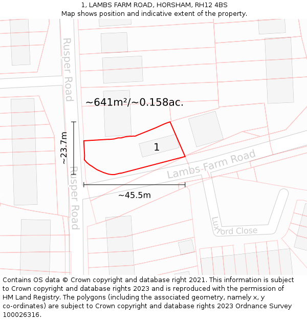 1, LAMBS FARM ROAD, HORSHAM, RH12 4BS: Plot and title map