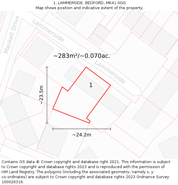 1, LAMMERSIDE, BEDFORD, MK41 0GG: Plot and title map