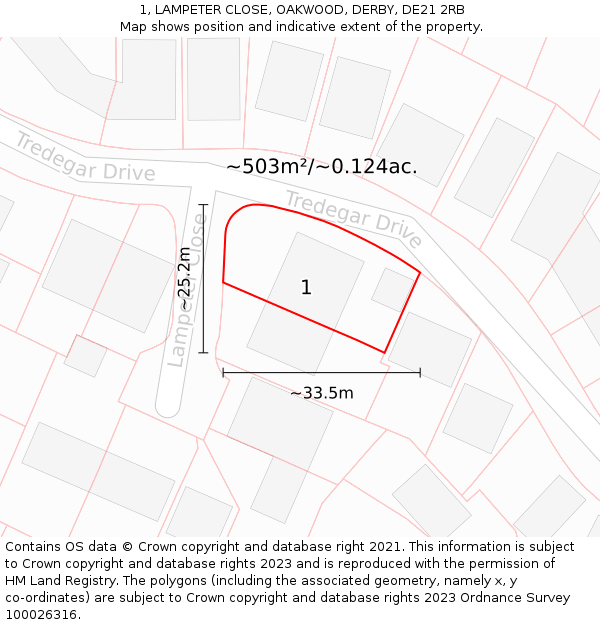 1, LAMPETER CLOSE, OAKWOOD, DERBY, DE21 2RB: Plot and title map