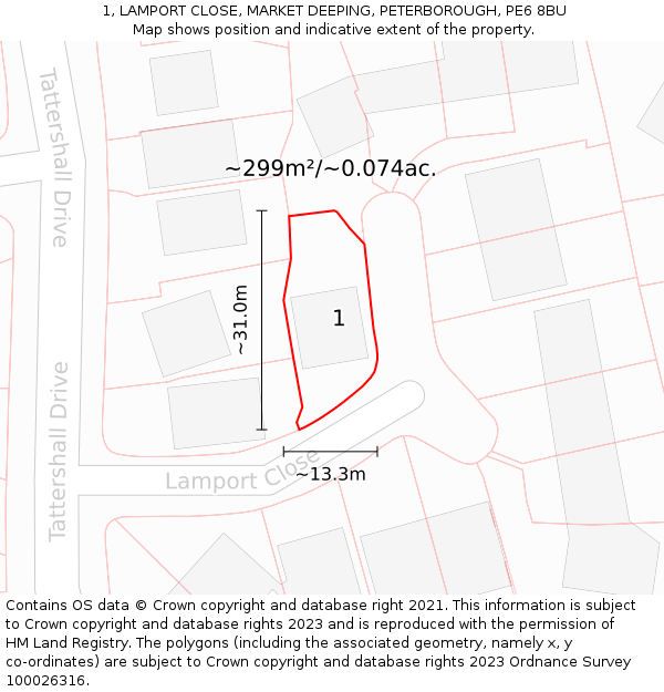 1, LAMPORT CLOSE, MARKET DEEPING, PETERBOROUGH, PE6 8BU: Plot and title map