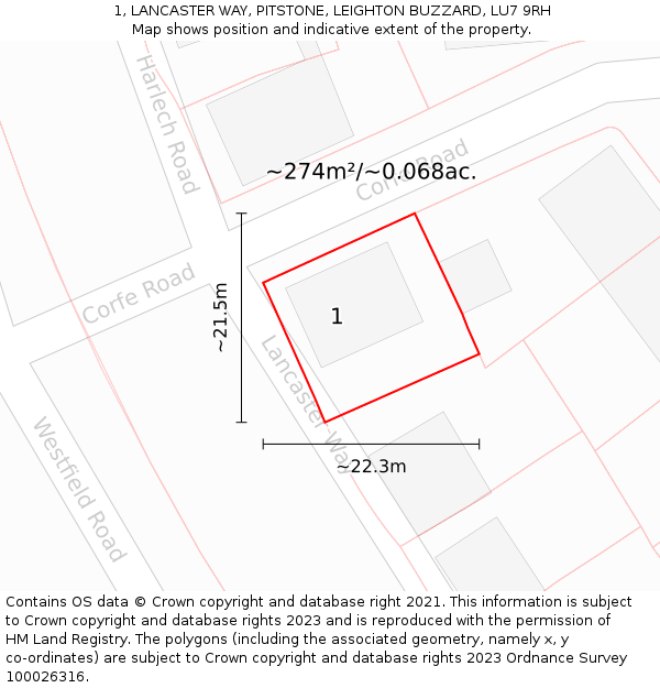 1, LANCASTER WAY, PITSTONE, LEIGHTON BUZZARD, LU7 9RH: Plot and title map