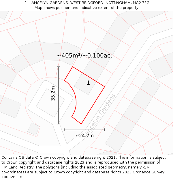 1, LANCELYN GARDENS, WEST BRIDGFORD, NOTTINGHAM, NG2 7FG: Plot and title map