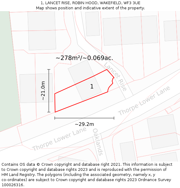 1, LANCET RISE, ROBIN HOOD, WAKEFIELD, WF3 3UE: Plot and title map