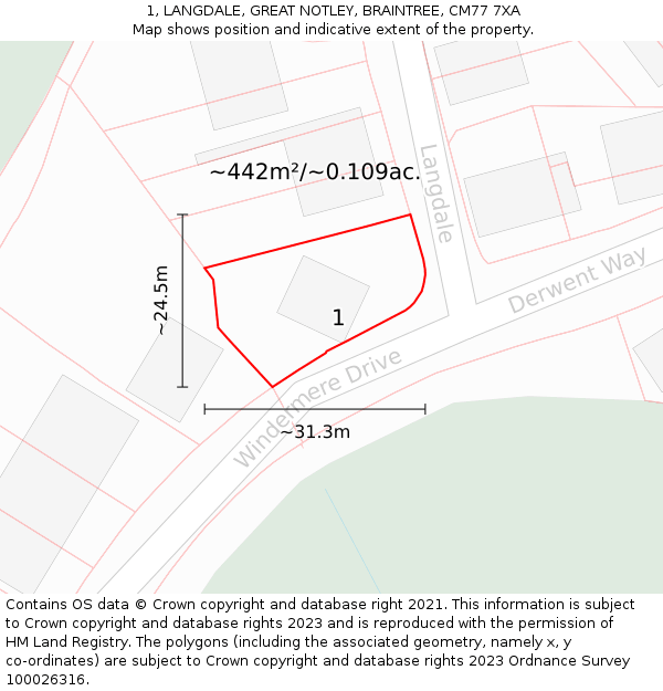 1, LANGDALE, GREAT NOTLEY, BRAINTREE, CM77 7XA: Plot and title map