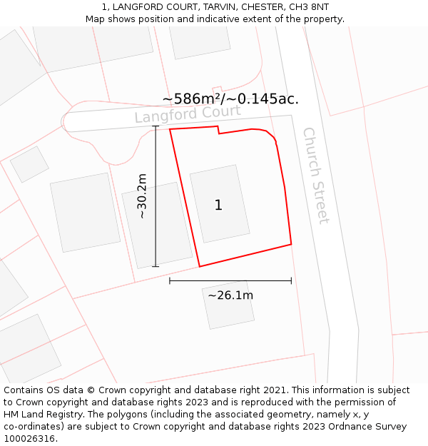 1, LANGFORD COURT, TARVIN, CHESTER, CH3 8NT: Plot and title map