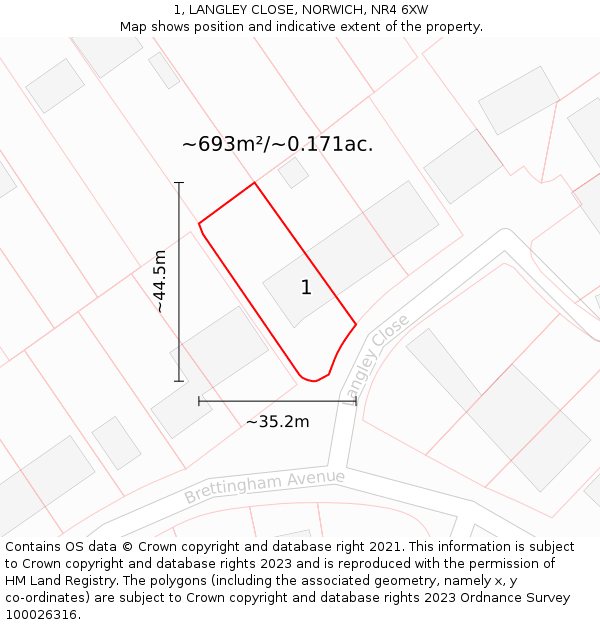 1, LANGLEY CLOSE, NORWICH, NR4 6XW: Plot and title map