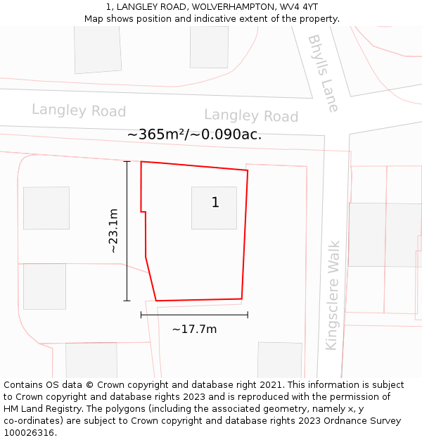 1, LANGLEY ROAD, WOLVERHAMPTON, WV4 4YT: Plot and title map