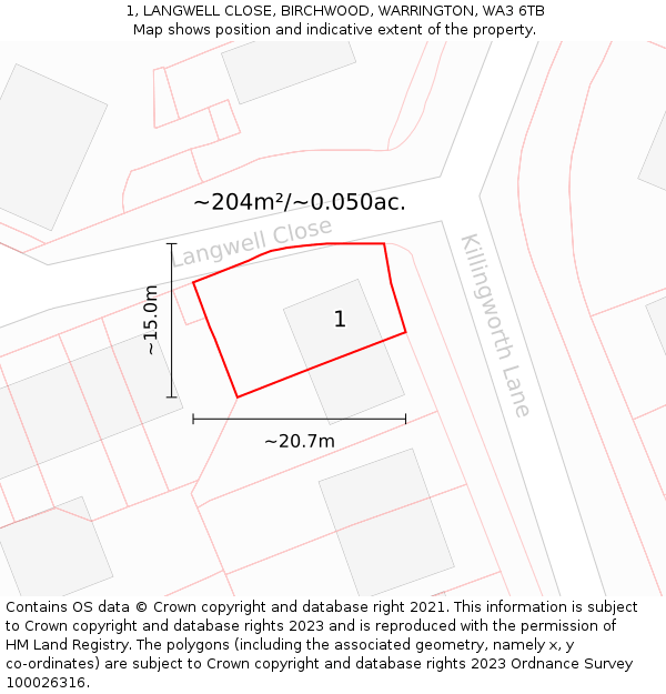 1, LANGWELL CLOSE, BIRCHWOOD, WARRINGTON, WA3 6TB: Plot and title map