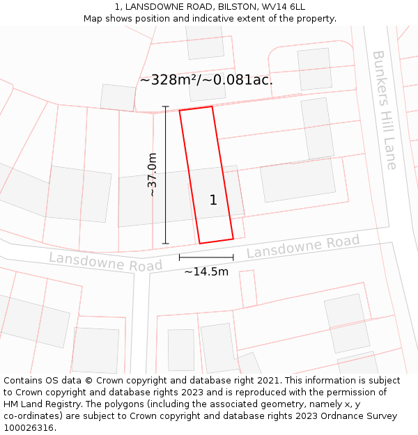 1, LANSDOWNE ROAD, BILSTON, WV14 6LL: Plot and title map