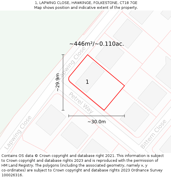 1, LAPWING CLOSE, HAWKINGE, FOLKESTONE, CT18 7GE: Plot and title map