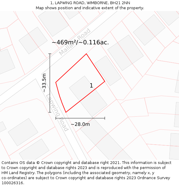 1, LAPWING ROAD, WIMBORNE, BH21 2NN: Plot and title map