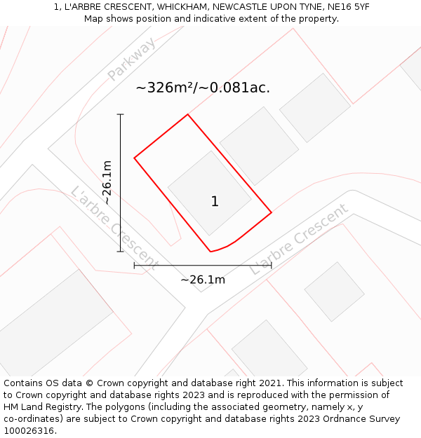 1, L'ARBRE CRESCENT, WHICKHAM, NEWCASTLE UPON TYNE, NE16 5YF: Plot and title map