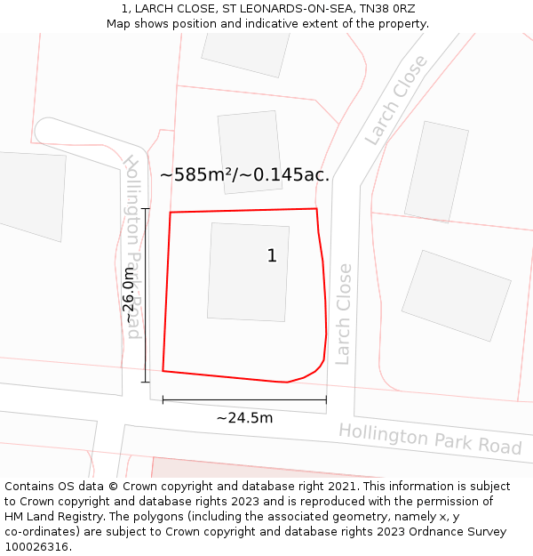 1, LARCH CLOSE, ST LEONARDS-ON-SEA, TN38 0RZ: Plot and title map