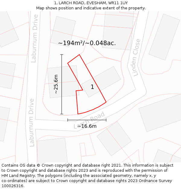 1, LARCH ROAD, EVESHAM, WR11 1UY: Plot and title map