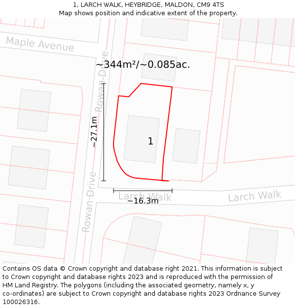 1, LARCH WALK, HEYBRIDGE, MALDON, CM9 4TS: Plot and title map