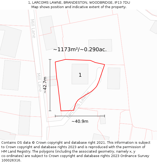 1, LARCOMS LAWNE, BRANDESTON, WOODBRIDGE, IP13 7DU: Plot and title map