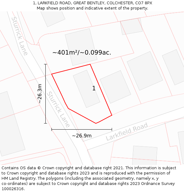 1, LARKFIELD ROAD, GREAT BENTLEY, COLCHESTER, CO7 8PX: Plot and title map