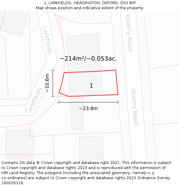 1, LARKFIELDS, HEADINGTON, OXFORD, OX3 8PF: Plot and title map