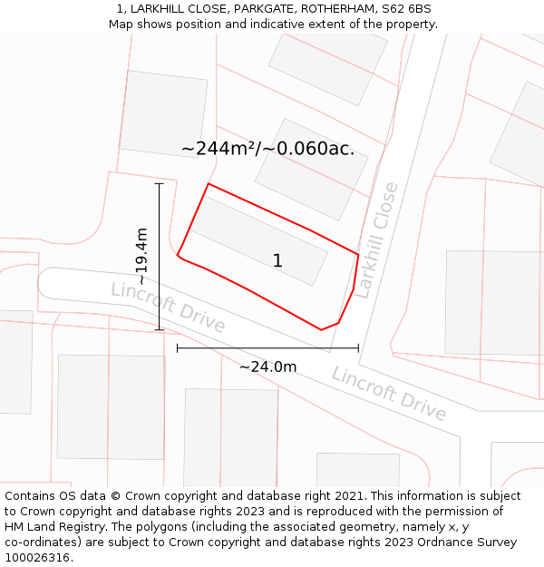 1, LARKHILL CLOSE, PARKGATE, ROTHERHAM, S62 6BS: Plot and title map