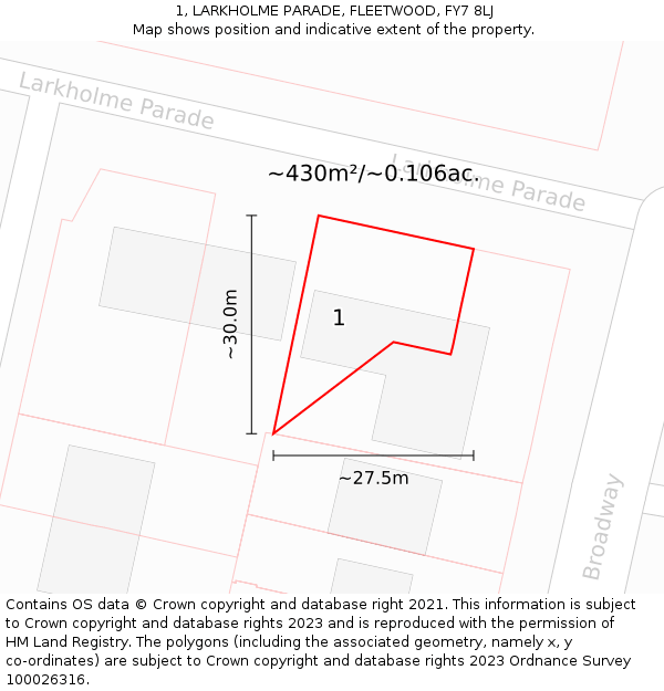 1, LARKHOLME PARADE, FLEETWOOD, FY7 8LJ: Plot and title map