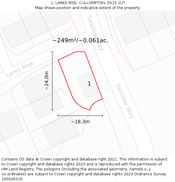 1, LARKS RISE, CULLOMPTON, EX15 1UT: Plot and title map