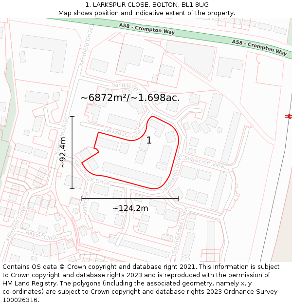 1, LARKSPUR CLOSE, BOLTON, BL1 8UG: Plot and title map