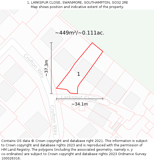 1, LARKSPUR CLOSE, SWANMORE, SOUTHAMPTON, SO32 2RE: Plot and title map